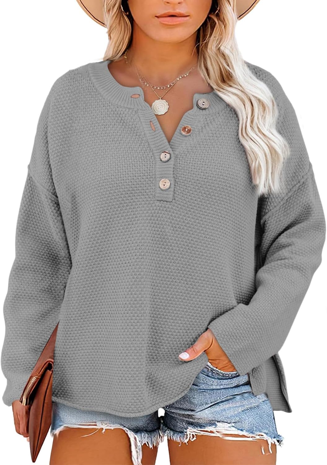 Womens Plus Size Sweaters Casual Long Sleeve Loose V Neck Button Henley Tops